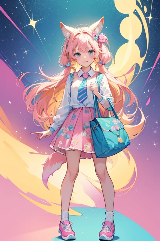 Kamilla is a light tan doll with blonde and pink hair, a kangaroo tail and ears.
Her top is blue with a floral design and her skirt is a pink/blue/green tie-die pattern.
She wears pink shoes and carries a pouch and bottle. SPARKLE; GLITTER