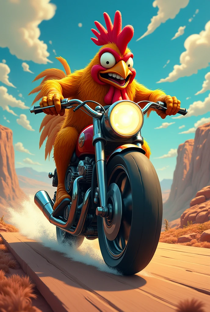 Crazy chicken driving a motorcycle