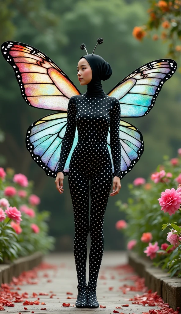 The beautiful and tallest chinese contortion adult girl with beautiful cheeks wears black beautiful butterfly full lycra dancewear turtleneck unitard catsuit covered with white seamless polkadots that has colouful butterfly wings and black beautiful butterfly lycra elastane dancewear hijab-like zentai hood with a pair of antenna.She is happy at flower garden to practice contortion performance.