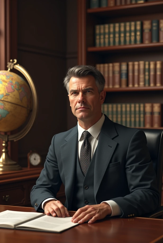 (photorealism:1.2), man in a realistic office wearing a suit,books in standards and a globe 
