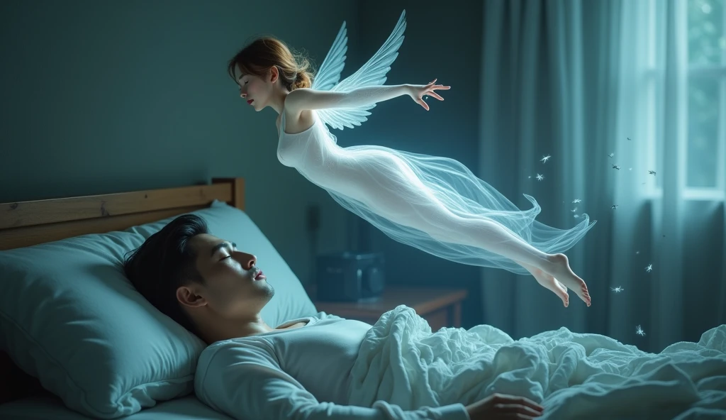 man sleeping in bed, A very beautiful girl was flying above him, half naked, semi-transparent flies over him trying to get his attention.   