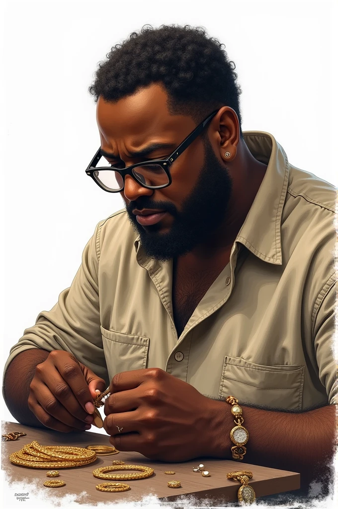 Create a drawing of a black man, fatter, wearing glasses, making jewelry, from sideways, com fundo branco