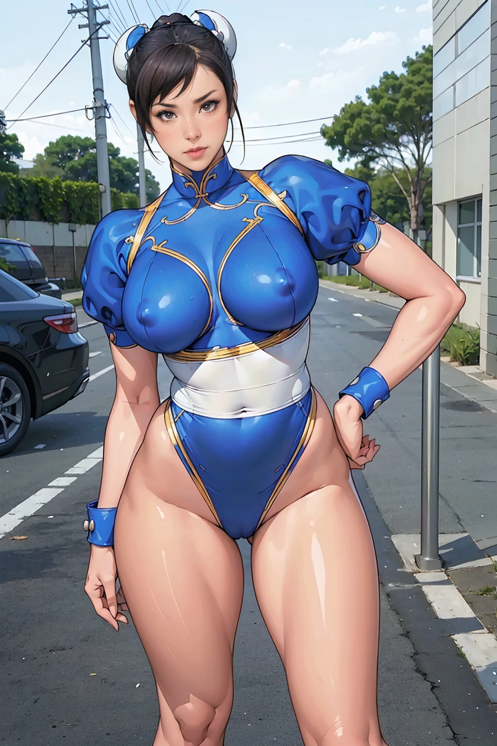 ((A woman modeled after the character Chun-Li)), , Medium Hips, Bright Eyes, Very flashy,Huge breasts, Puffy nipples, tight, ((ultra Realist)), TM Ninja White, icon, cores Vibrants, Vector Style, Digital Art, 4K, Intricate details, charm, Professionally done, Beautiful vector illustration, 12k resolution, ..3d, Detailed description of all characters, ((Very detailed)), ((Vibrant)),((super high quality)), ((Hyperrealism)), ((Photorealism)), [Octane Rendering] , In the city, Lots of cars (Realist), Very detailed,