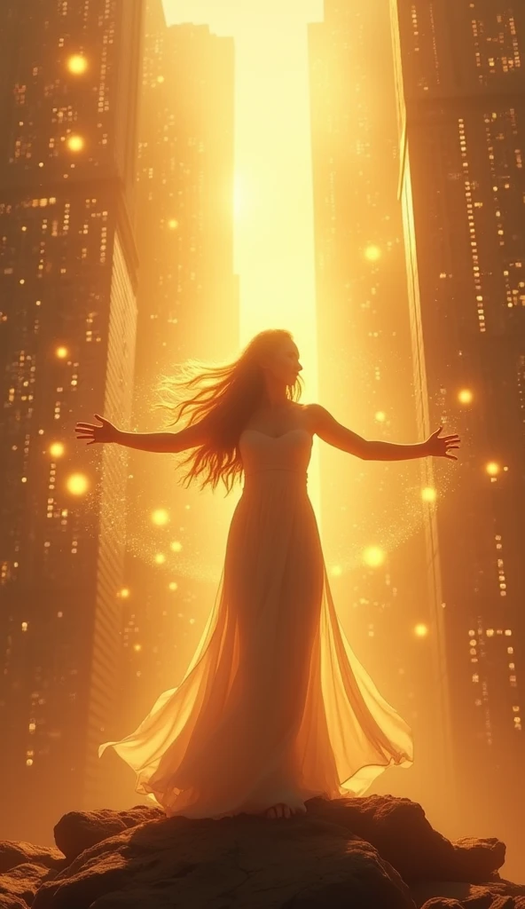 A radiant figure standing at the edge of a glowing city, arms outstretched, soaking in golden light beams and positivity. Surrounding them, opportunities are depicted as floating, shimmering orbs that gravitate toward them, reflecting how positivity attracts opportunities.