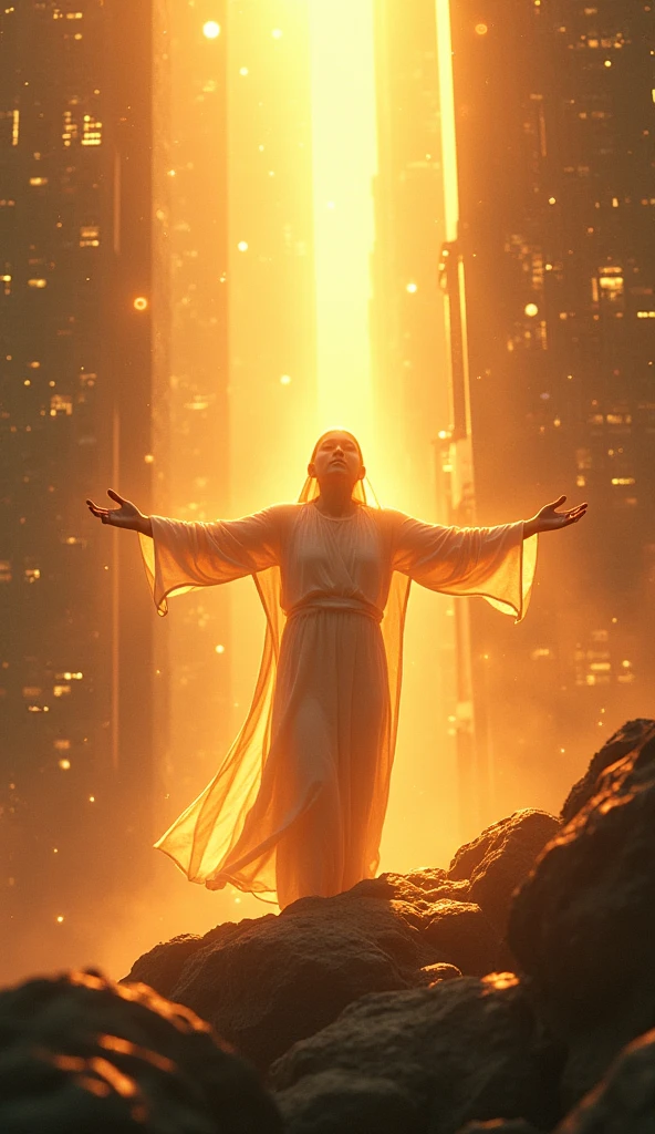 A radiant figure standing at the edge of a glowing city, arms outstretched, soaking in golden light beams and positivity. Surrounding them, opportunities are depicted as floating, shimmering orbs that gravitate toward them, reflecting how positivity attracts opportunities.