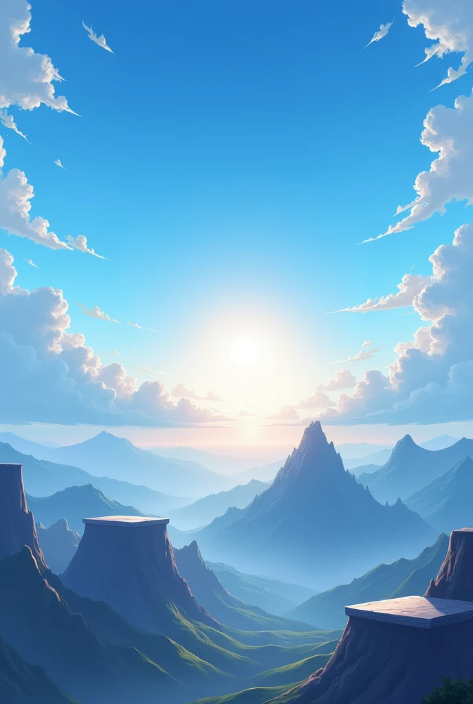 Place with a very blue sky, with white clouds scattered in the background, at dawn a radiant sun illuminates grey mountains with flat tops
