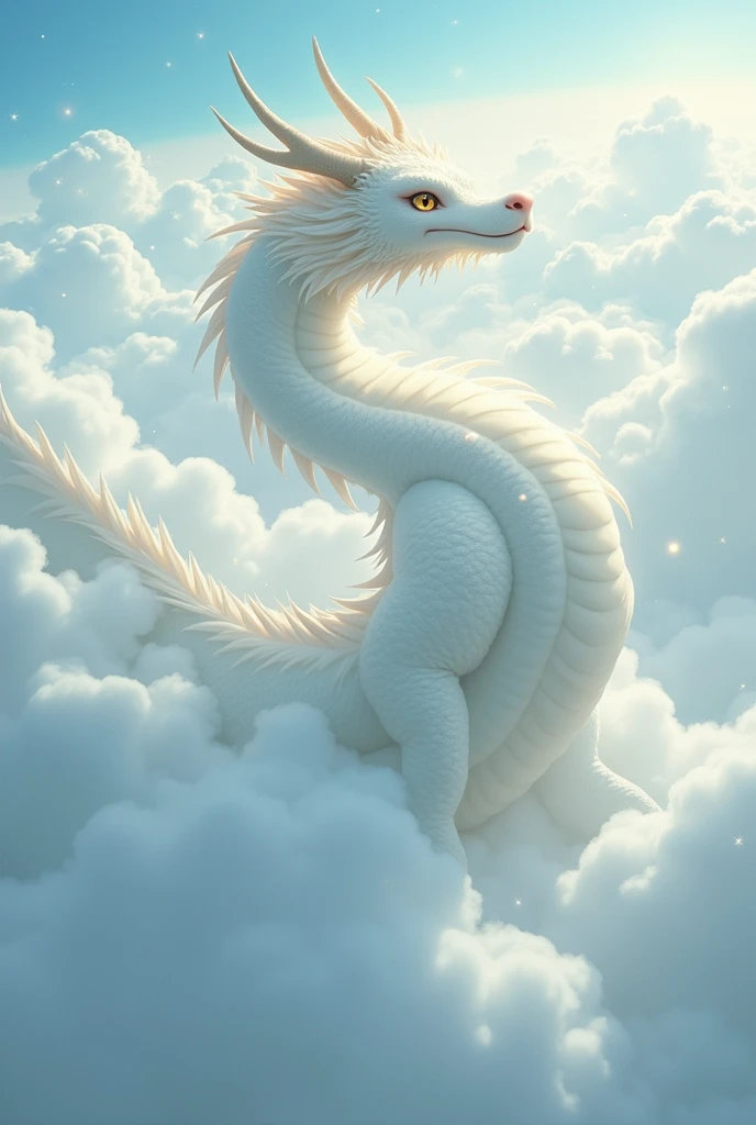 masterpiece, Highest quality,Japan Dragon God、white dragon、Rin々A funny expression、With fluffy fur。Its face is facing upwards and it is flying towards the sky。The background is a sea of clouds。No wings、Sparkling and kind eyes、The whole body is visible、Long and slender body