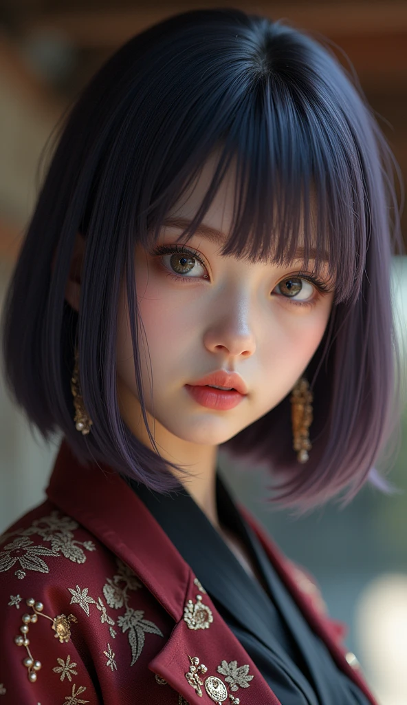 ,((Perfect anatomical structure:1.2,Practical:1.3,RAW photos:1.3,masterpiece、best quality、Ultra - high resolution、high resolution、Extremely detailed CG、8K)),Cowboy shooting,1 female,Solitary,18-year-old beauty, Japanese、((Beautiful and delicate face and eyes:1.2,Beautiful big eyes:1.2)),Dark purple hair,Short Bob Hairstyle,Bangs,Medium chest,slim body,Small head:1.3,Skinny,(Oily skin,Radiant Skin,Radiant Skin),Taisho Steampunk Fashion、mini skirt、barefoot、Combat boots,Soldier、Taisho Punk、