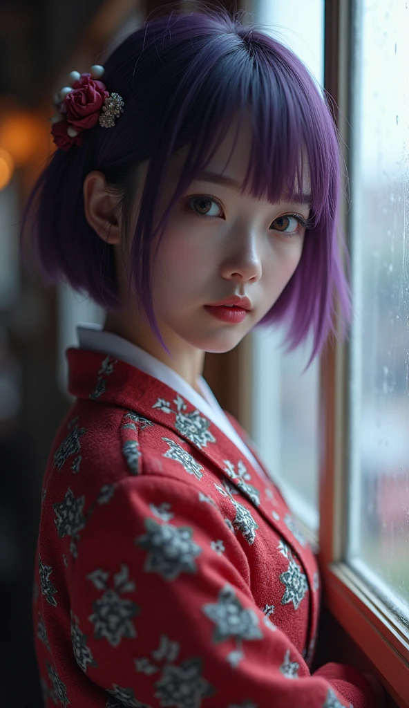 ,((Perfect anatomical structure:1.2,Practical:1.3,RAW photos:1.3,masterpiece、best quality、Ultra - high resolution、high resolution、Extremely detailed CG、8K)),Cowboy shooting,1 female,Solitary,18-year-old beauty, Japanese、((Beautiful and delicate face and eyes:1.2,Beautiful big eyes:1.2)),Dark purple hair,Short Bob Hairstyle,Bangs,Medium chest,slim body,Small head:1.3,Skinny,(Oily skin,Radiant Skin,Radiant Skin),Taisho Steampunk Fashion、mini skirt、barefoot、Combat boots,Soldier、Taisho Punk、