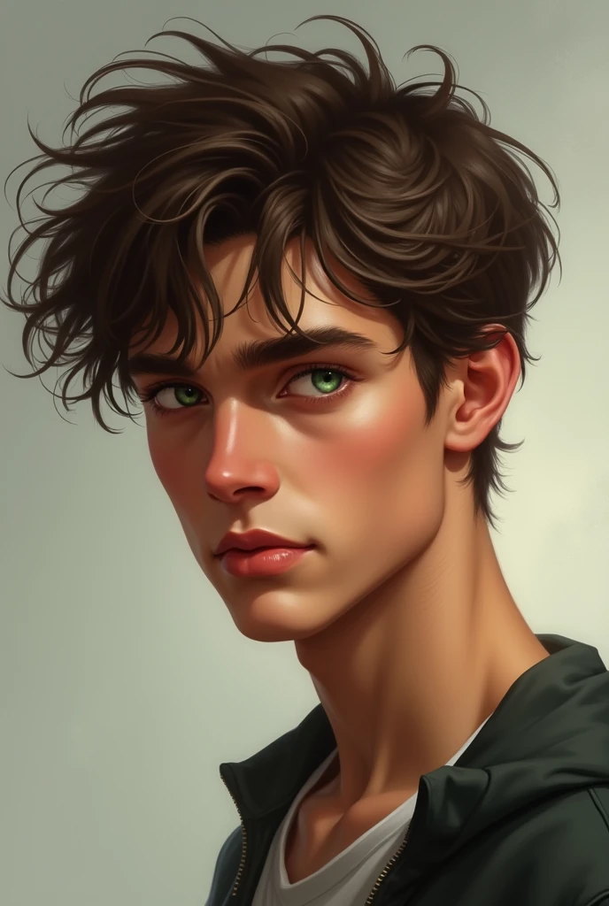 male ager brown hair green eyes , he's big he's not a boy not so muscular