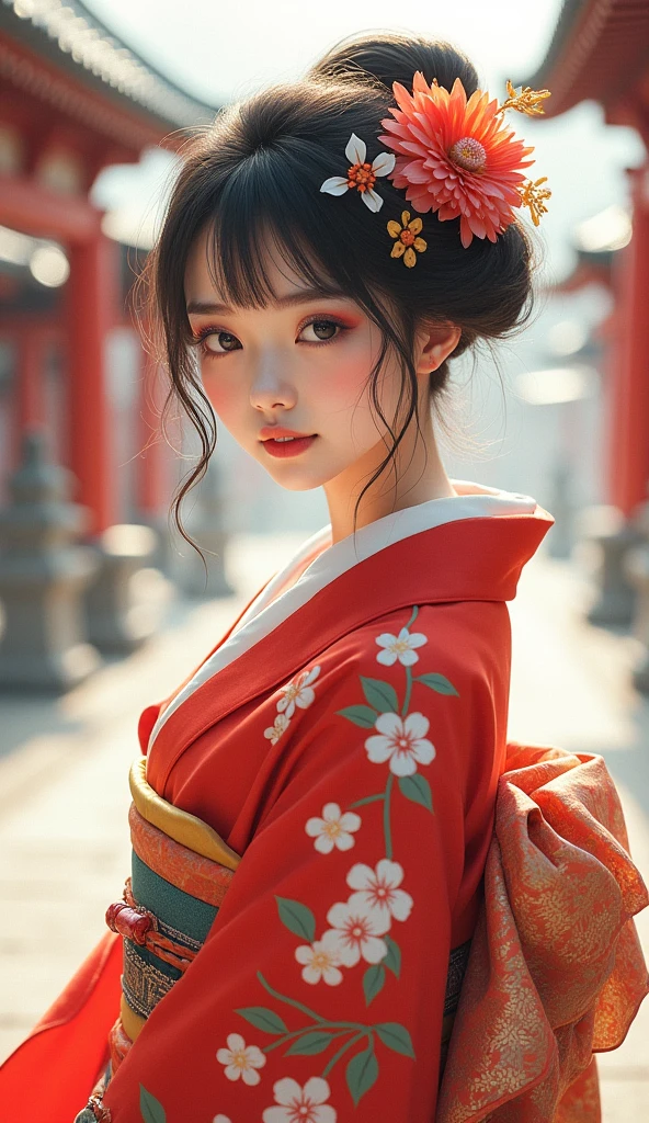 A beautiful young woman wearing brightly colored Japanese clothing、A charming expression、The upper white teeth are visible、Japanese clothing with red floral pattern on a white background、((SeaArt creates beautiful women in kimono))、Full Body Shot、background、Shrines and temples、The atmosphere is like that of a Japanese Ukiyo-e painting.、