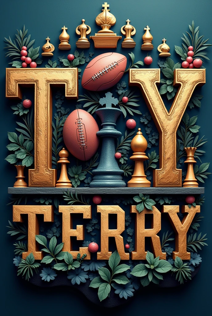 Terry nameplate in US FOOTBALL AND CHESS THEME DESIGNED in each letter
