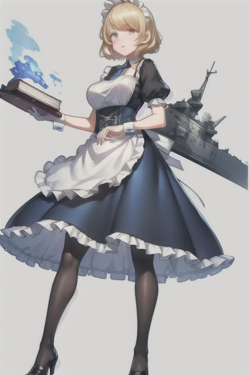 HMS_Renown \(warship girls r\),((masterpiece)),(((best quality))),((ultra-detailed)),((illustration)),((disheveled hair)),((frills)),1girl, apron, bangs, black footwear, black legwear, blonde hair, blue dress, book, book stack, breasts, broom, closed mouth, dress, frilled dress, frills, full body, gradient, high heels, holding, long hair, looking at viewer, maid, maid apron, maid headdress, mary janes, medium breasts, mop, pantyhose, puffy short sleeves, puffy sleeves, shoes, short hair, short sleeves, solo, standing, waist apron, wrist cuffs,Redraw your eyes,(blue left eye:1.2),Heterochromia,(yellow right eye:1.2),Anyone can have heterochromia,