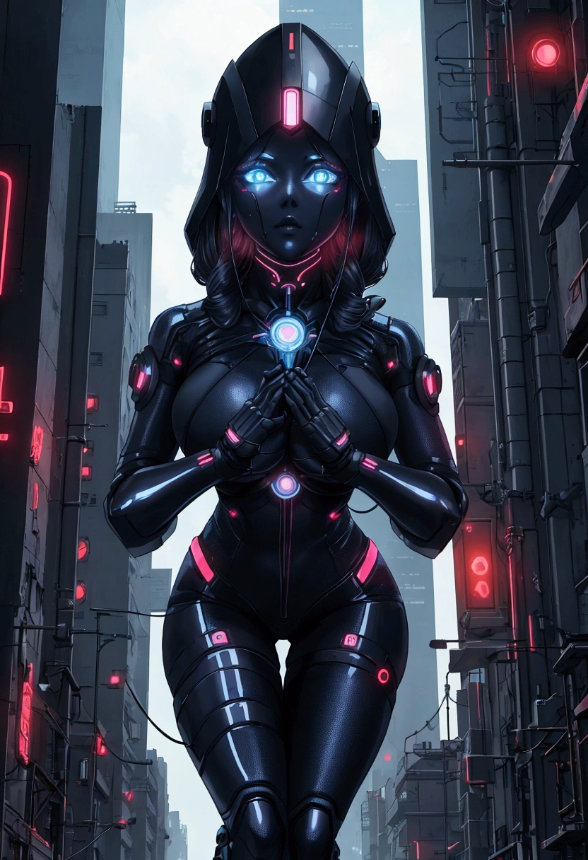 Sexy cyber woman biting a cable held by both hands, in a futuristic dystopian city, Behind her a building with a large screen that says no signal, wallpaper 8k 1080p 