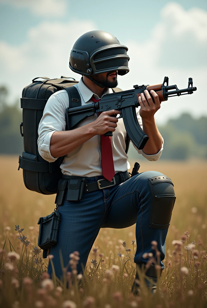 PUBG, Man with white shirt and red tie, Navy Blue Jean Pants with Combat Knee Pads, black military cargo bag, posing crouched pointing with his gun, in open meadow, ( level 3 black with dark visor covering his eyes), armed with AK47, in pitched battle, all the dirty clothes.