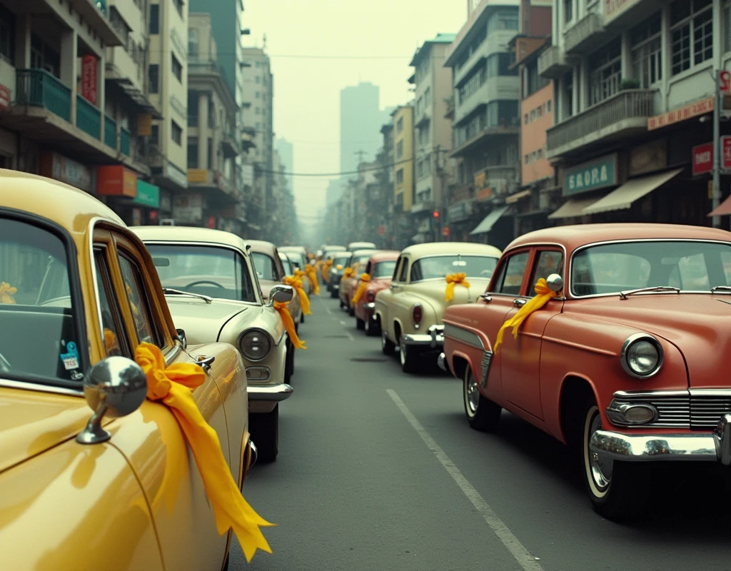 Many old cars with yellow ribbons tied to their side mirror in the street of EDSA in 1986