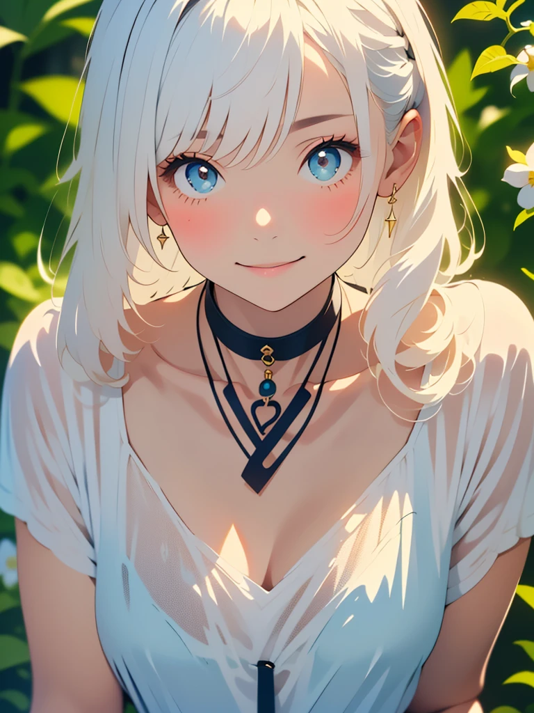 (masterpiece,highest quality,highest quality,Beautiful and beautiful:1.2),(Good anatomy:1.5),Painting of a girl with milky white straight hair,Shy smile,Sparkling Eyes,looking at the camera,Emerging from among the flowers and leaves,Suzuran,