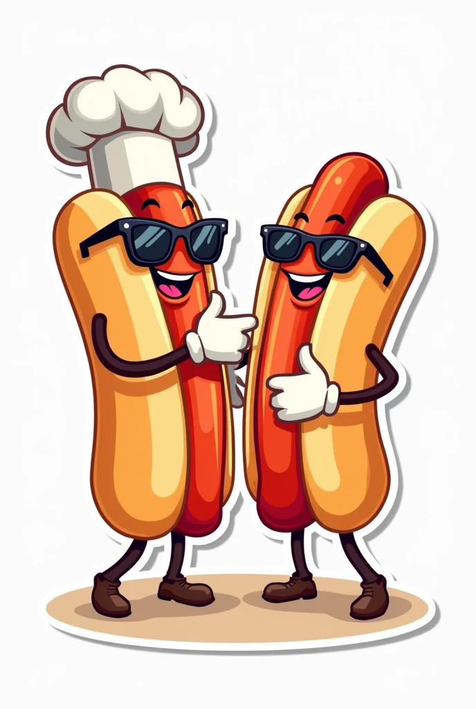 Fast Food logos: 2 hotdogs characters vector flat  illustration with white gloves hands in cartoon with sunglasses, and chef hat : Sticker 