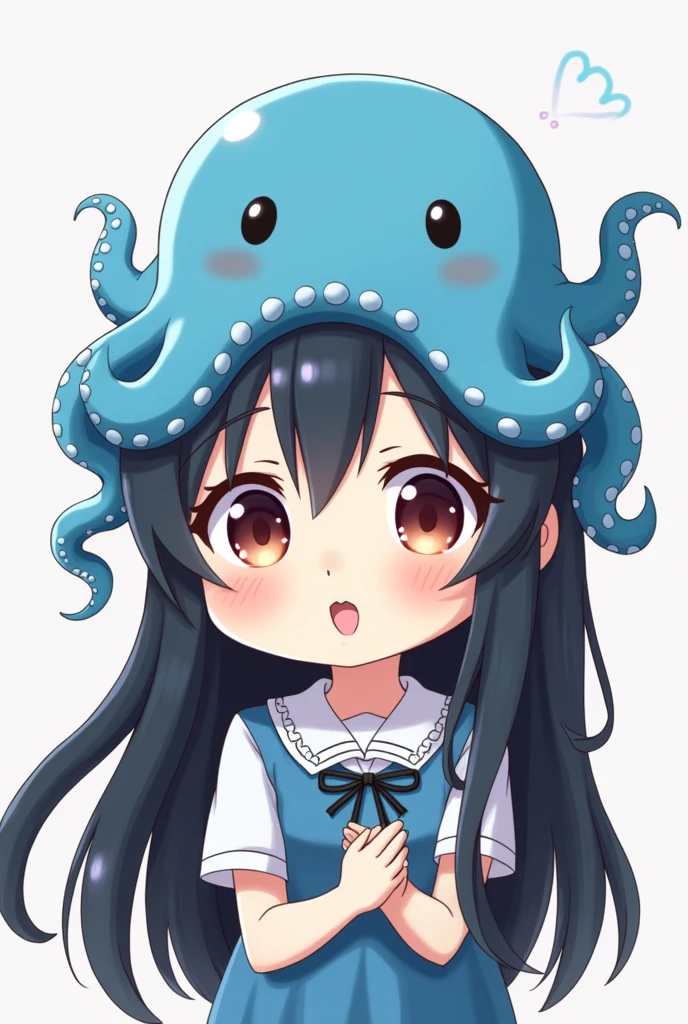 Cute girl, wearing an blue octopus hat, 2d , chibi, long hair, Tentacles hang down, black hair, anime
