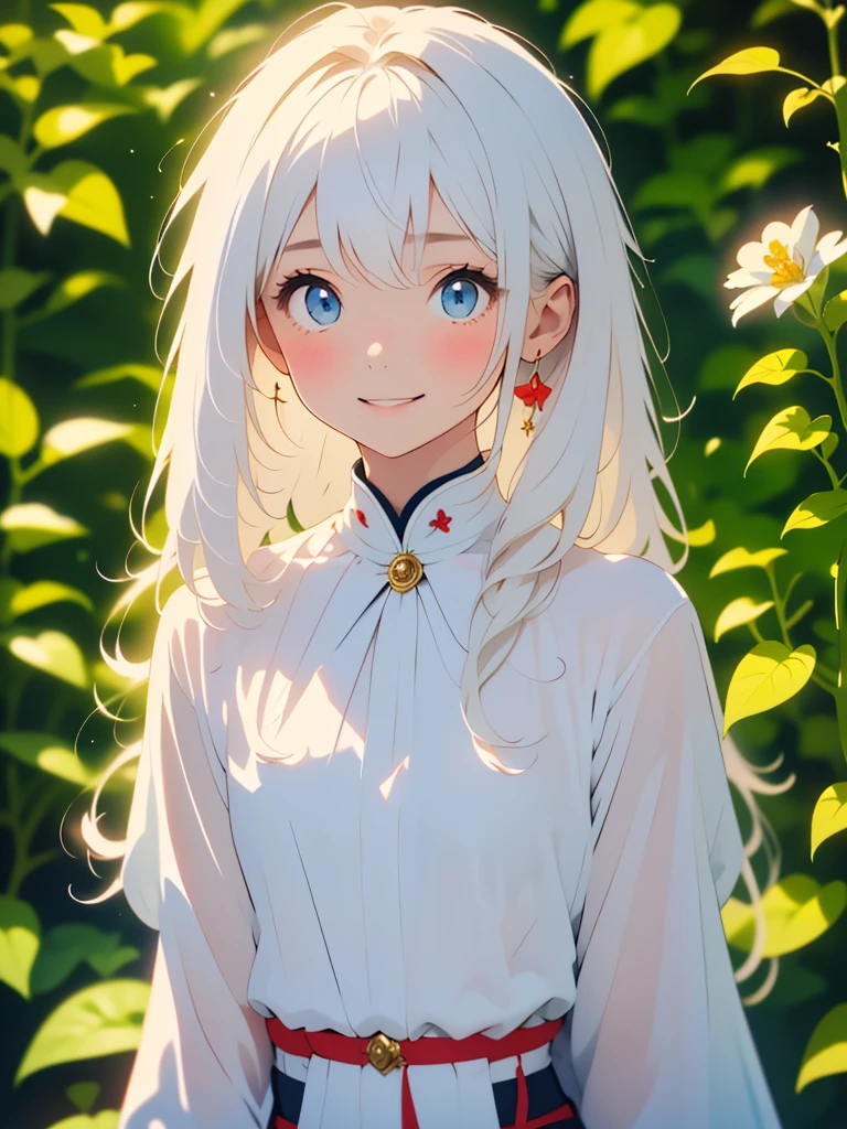 (masterpiece,highest quality,highest quality,Beautiful and beautiful:1.2),(Good anatomy:1.5),Painting of a girl with milky white straight hair,Shy smile,Sparkling Eyes,looking at the camera,Emerging from among the flowers and leaves,Suzuran,
