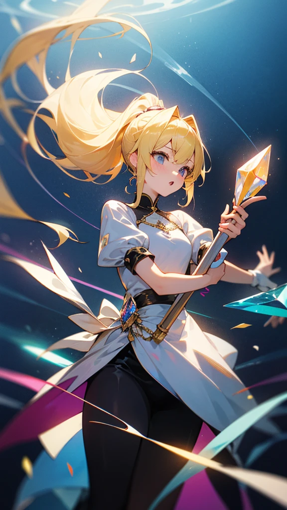 high resolution、Blonde、Perm Ponytail、の女god。
Neat and clean dresses、Full of elegance、Holding a crystal wand。
god々しい女god、Seven colors、