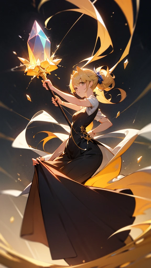 high resolution、Blonde、Perm Ponytail、の女god。
Neat and clean dresses、Full of elegance、Holding a crystal wand。
god々しい女god、Seven colors、