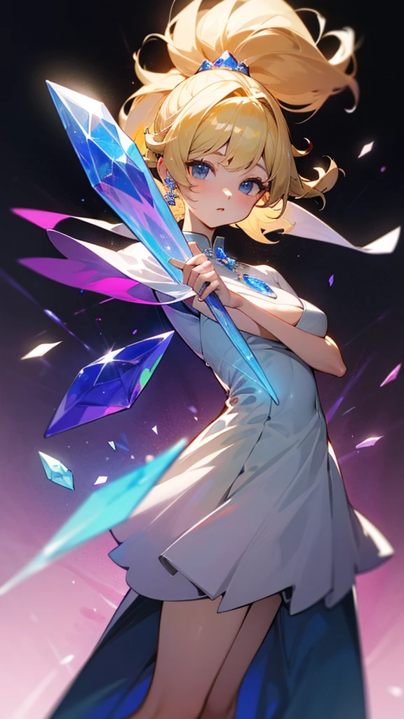 high resolution、Blonde、Perm Ponytail、の女god。
Neat and clean dresses、Full of elegance、Holding a crystal wand。
god々しい女god、Seven colors、