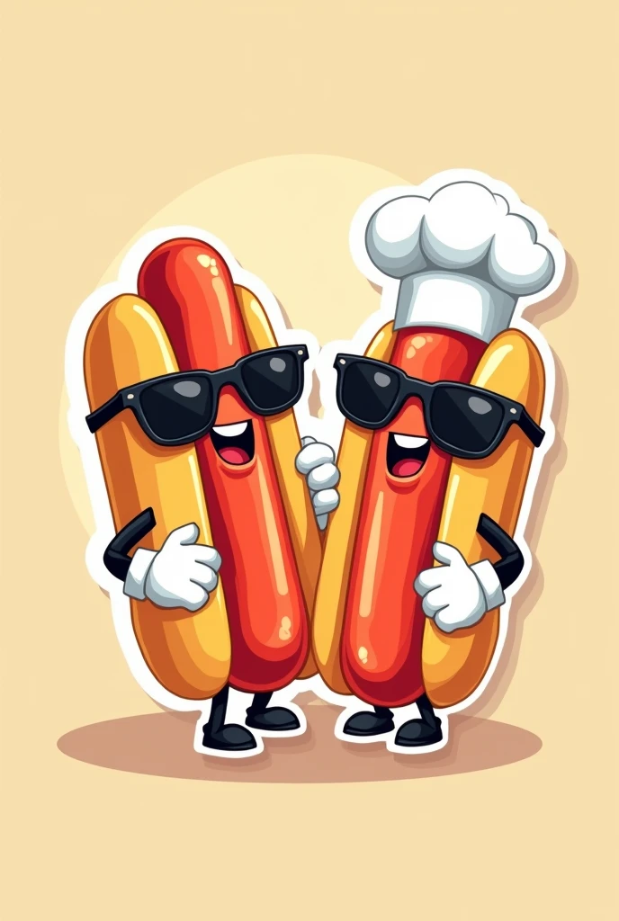 Fast Food logos: 2 hotdogs characters vector flat  illustration with white gloves hands in cartoon with sunglasses, and chef white hat : Sticker 