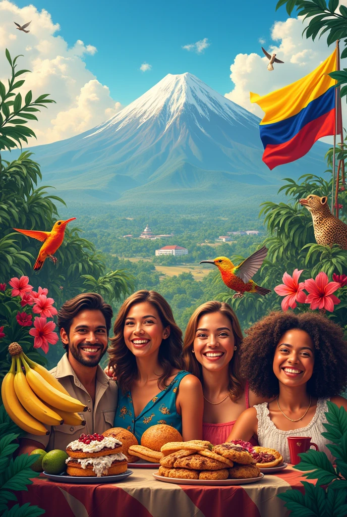 A background that shows a mix of landscapes such as the Andes mountains,
The Colombian flag waving, accompanied by elements such as the arepa, the coffee, or tropical fruits like bananas.
Iconic animals and plants like the orchid, the Condor, the jaguar, or the hummingbird.
Optimism and Joy: smiling faces, people celebrating, reflecting the warmth and hospitality of Colombians.