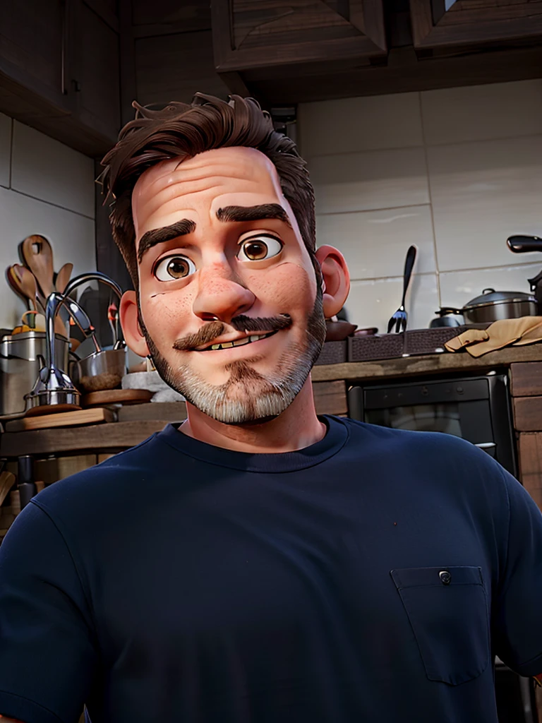man taking a photo, man with medium beard, short hair, blue t-shirt, in the kitchen

