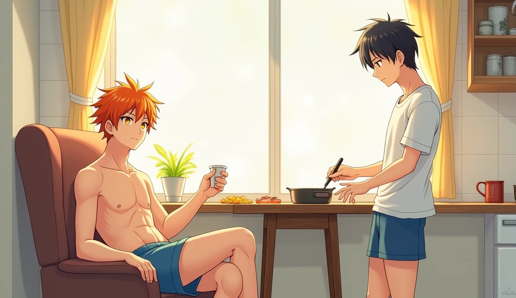 A very cute image of two men. They are in a kitchen. The man is shirtless and wearing only sleeping shorts. He is sitting in a chair. Near the table. He has orange hair and yellow eyes. The other is wearing a white shirt with blue and short shorts. He is cooking. It is daytime. The image has to be in anime.