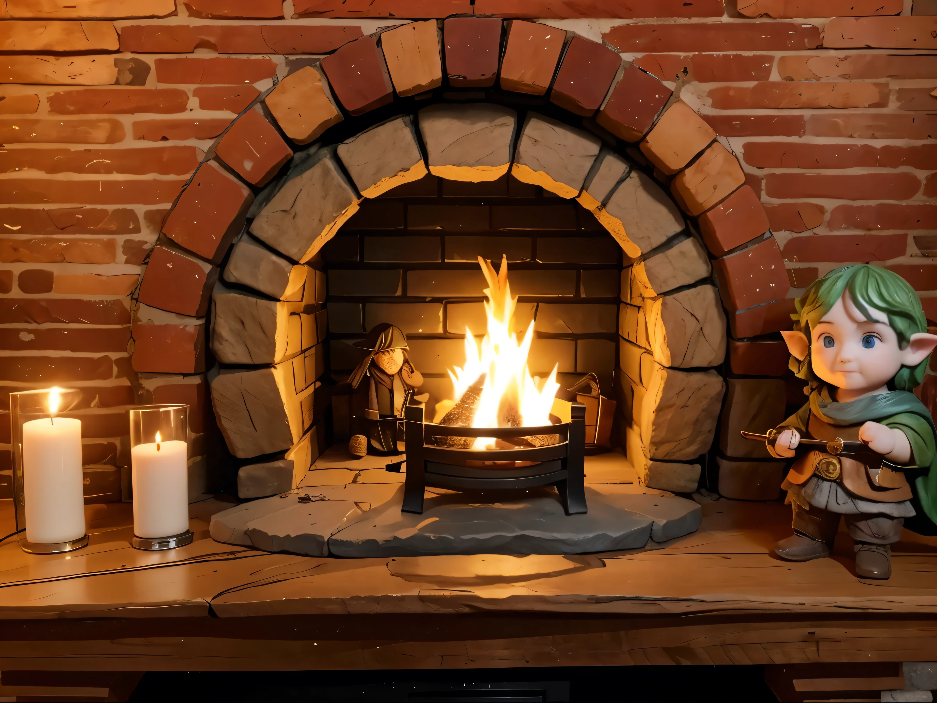A cozy medieval stoned ROUNDED hobbit fireplace, a little statue of smeagle, a little statue of hobbit holding a sword, a hobbit LOR candle with ring, a cozy hobbit dor addornment, fantasy, magic, 8k quality