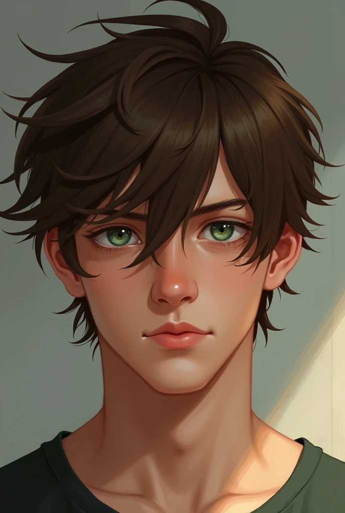 male ager brown hair green eyes , he's big he's not a boy not so muscular