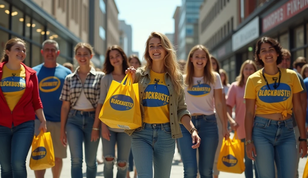 several people with bags that say blockbuster