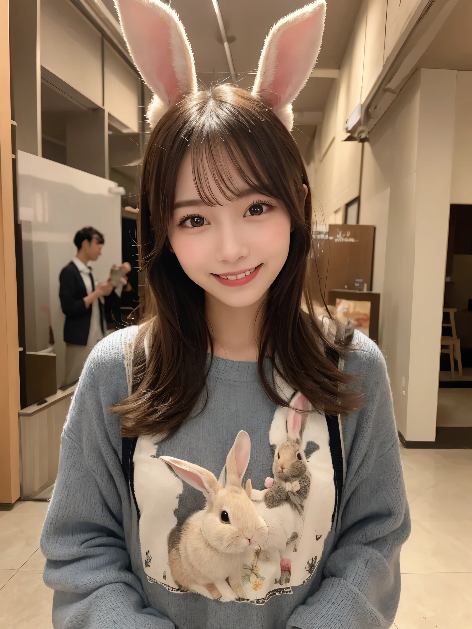 1girl, solo, highres, best_quality, masterpiece, detailed_background, intricate_details, beautiful, hiroshima, okunoshima, rabbit_island, animals, casual_clothes, smile, looking_at_viewer, dynamic_pose, natural_pose, candid, happy