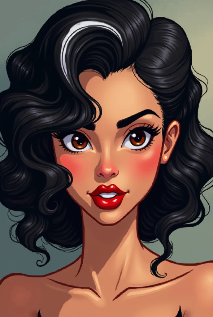 brunette woman curly black hair in layers defined white streak, black gown, Brown eyes, reddened mouth, dark eyes, big and wide face, Disney pixel animation style wide nose