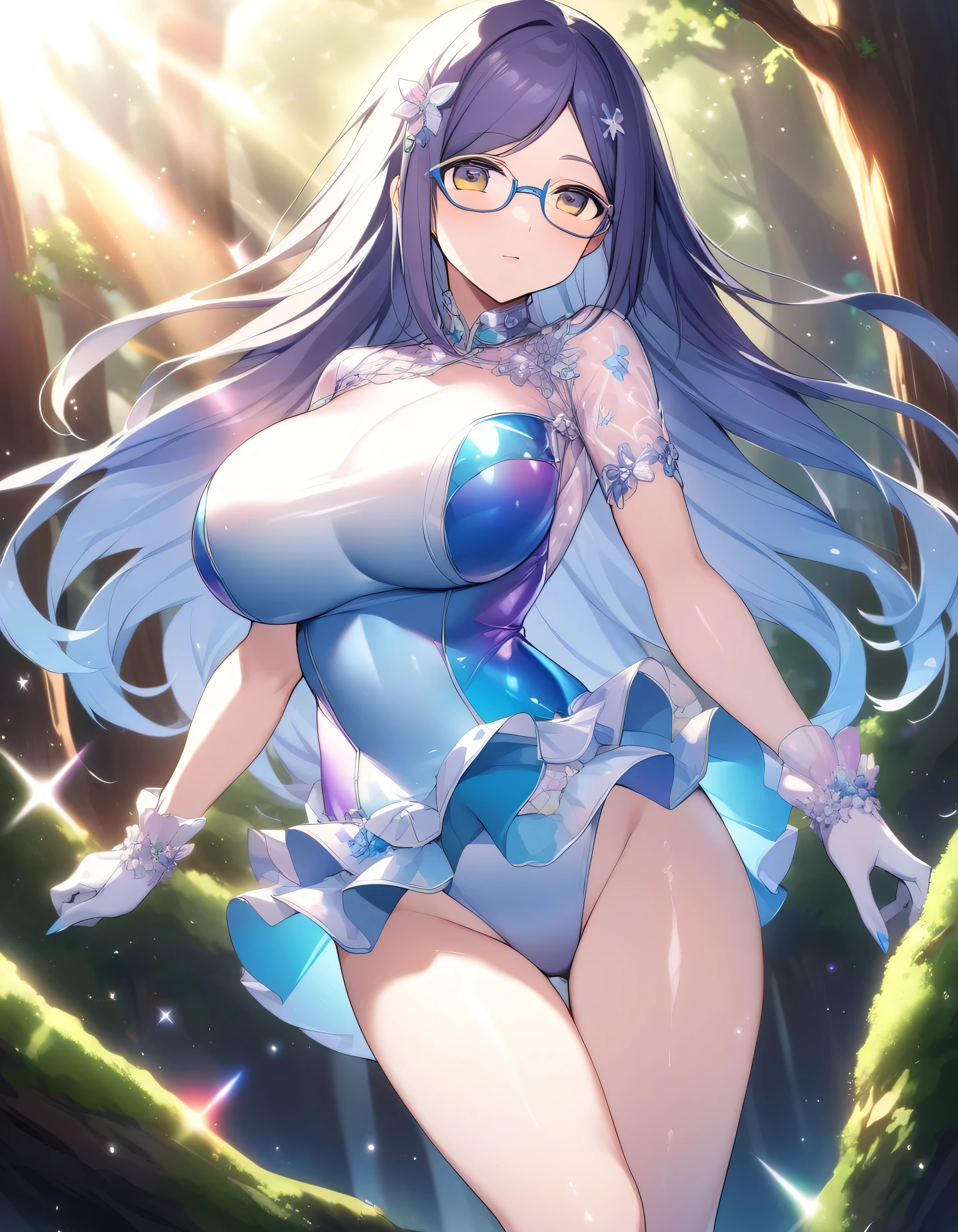 Create an anime-style illustration of a 1８--old l named Shizuka. She has long, straight, blue hair with bangs cut straight across her forehead. She has large, almond-shaped silver-blue eydet and porcelain-like white skin. Shizuka often wears glassdet.Shiny light blue outfit, Shiny reflective material clothes,, Lens flare, Light blue soft gradation,det.(Highest quality:1.4), (super high quality), (Very detailed）In the forest where many flowers bloom、The sky is a gradient、Super big breasts、J-cup big breasts、Emphasize the chest、A risqué one-piece swimsuit combat outfit、Glittering costumes、Small costumes、With skirt、A costume with glittering gradient beads、Emphasize the chest、See-through costumes、High and small nose、Long Hair、Glasses、glitter hair accessories