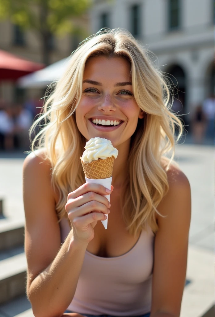 Blonde woman with Scandinavian features eating ice cream, sitting on a step in a square