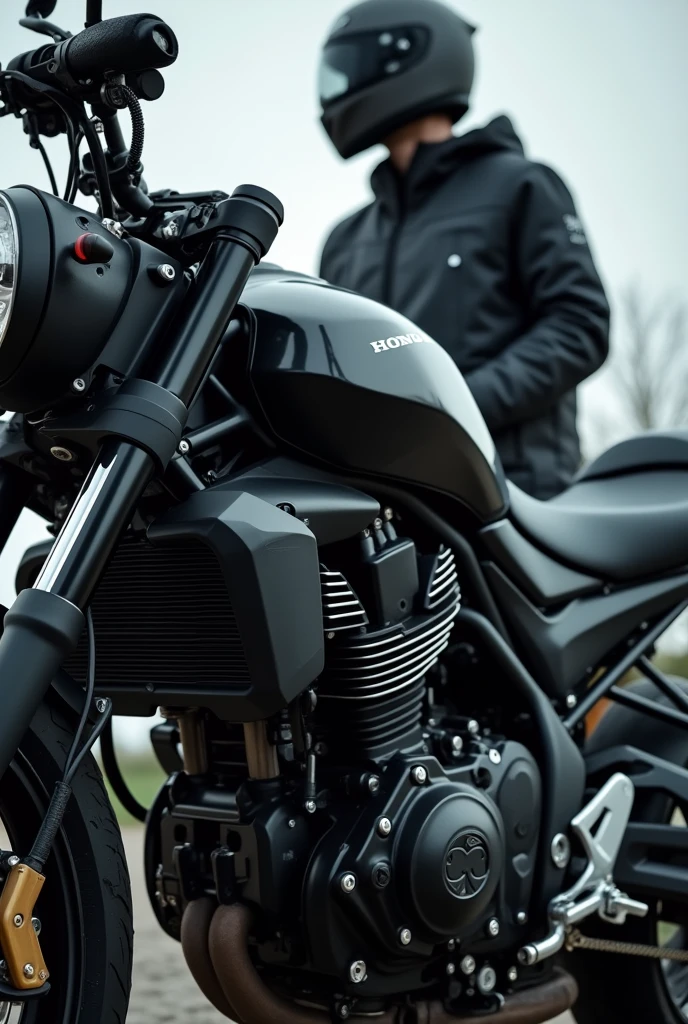 A 20-year-old, thin, 1.80-meter-tall young man with his black Honda CB1500cc motorcycle, wearing a complete black jacket with a sports helmet. turning on the motorcycle starter.

focus zoom on the keyhole Honda sport CB1500cc motorcycle engine is on ready to go
