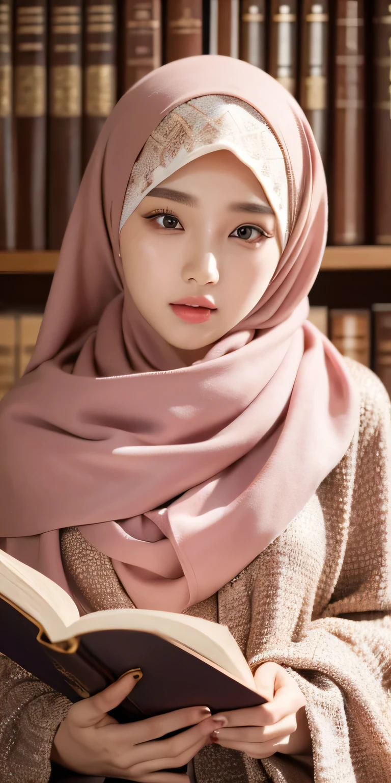 Korean girl, beautiful girl in hijab, 19 year old girl, perfect face, expressive eyes, makeup, eyeshadow, eyeliner, luxurious hijab, patterned hijab, hijab decoration, brooch, shiny lips, in the library, read a book,