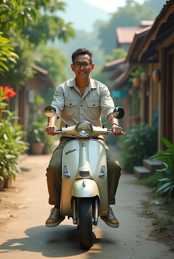 One Asiatic malay man, 36 year ,glasses,casual shirt, cargo pants, sneakers rides vespa kalsik's motorcycle in the beautiful village outdoors, the image is very detailed, super HD
