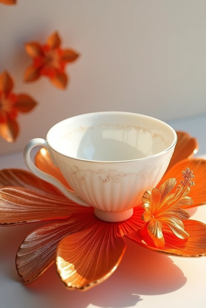 A decorative opal white teacup chinese style mounted on a very beautiful hibiscus orange metallic flowers opal