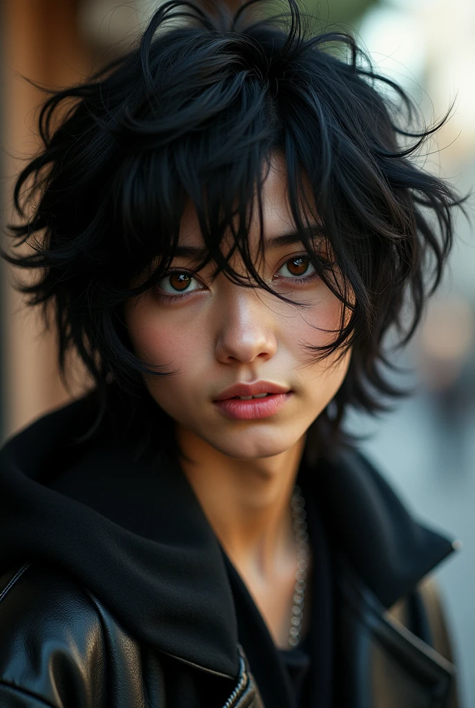 One with messy black hair, brown and stylish