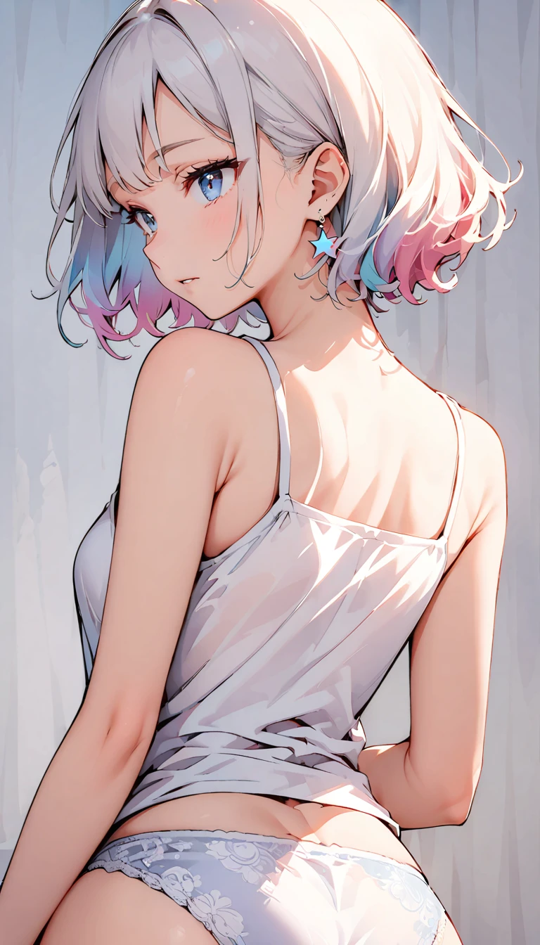 (high quality, 8k, 4K, High Contrast, masterpiece:1.2, 最high quality, Best aesthetics), (Dynamic Angle), ((1 female )), (Full Shot), ((Plain and bright background)), ((Flat Color)),(The upper body is a plain grey camisole), (Grey lace panties in full view), Turning his back, Posture with buttocks sticking out, Looking at the audience, Upper Body, Transparent Background, Sleepy eyes, High Contrast, Contrasting colors, , Pale pink and blue lighting, ((Short Hair)) , Rainbow Hair, Small star-shaped earrings in both ears, watch, bright eyeshadow, Cool look, Angle of view that allows space above the head to see the background,