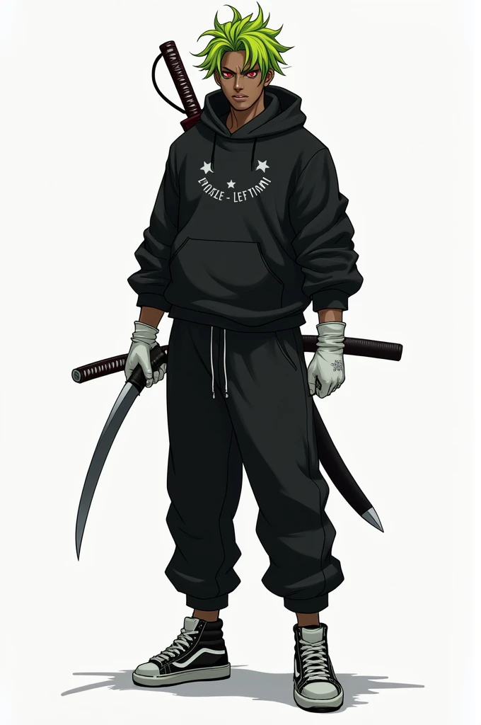 Man with green hair and yellow tips and red eyes with a katana, with a black sweatshirt with a hood and soft black pants with white gloves, dark skin tone, more clearly, with a psychopathic look, with black and white tennis boots and 2 knives
