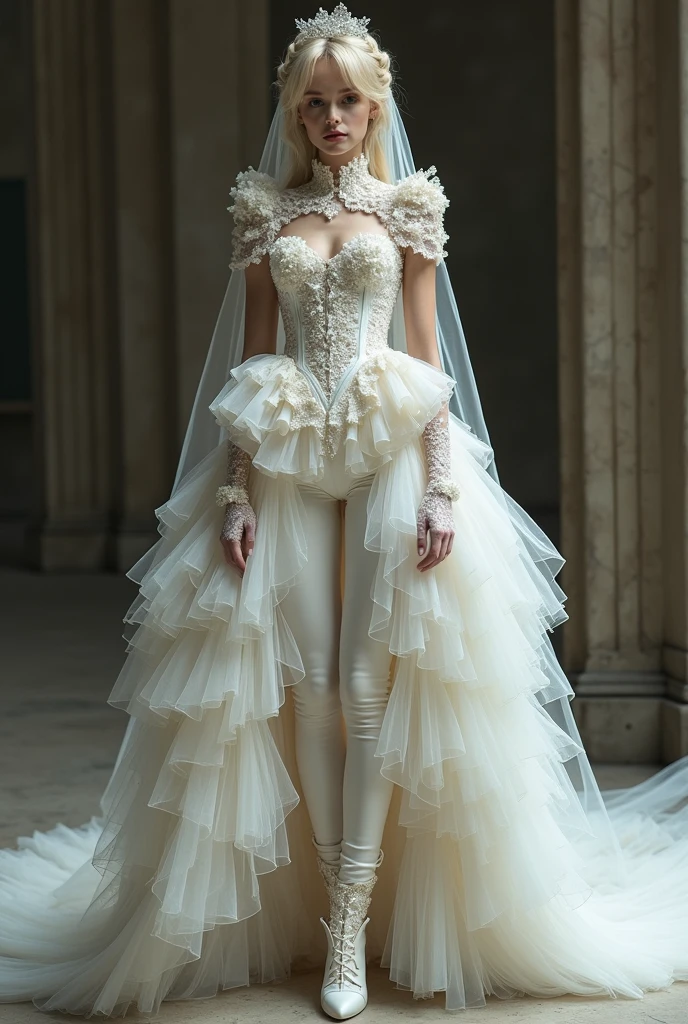 thin androgynous man, with blonde hair, rococo wedding dress. She wears a unique outfit that combines a dress with very tight dress pants.. The trousers are complemented by an impressive dress train that starts from the waist., with lots of tulle and lace. the top, a high neck with full lace at the waist, sleeveless short sleeves without transparencies, decorated with delicate ruffles and glassware details that add a touch of luxury. The ensemble is completed with a bridal veil in layers of more than five meters., elbow length lace gloves