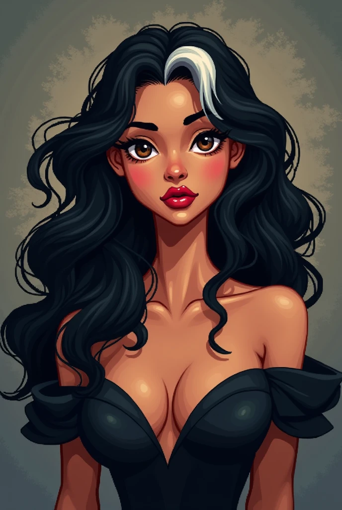 brunette woman curly black hair long defined layered white streak, black gown, Brown eyes, reddened mouth, dark eyes, big and wide face, Disney pixel animation style wide nose