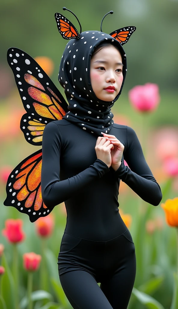 the beautiful,slender thin and prettiest Asian muslimah adult girl with beautiful cheeks wears striped yellow bee lycra turtleneck unitard catsuit covered with seamless black stripes with a pair of bee wings and always wear bee lycra elastane stretchy dance wear hijab covered with seamless stripes with antennae.She is sitting on the blue Carnations.