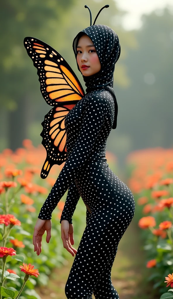 The beautiful and tallest chinese contortion teenager girl with beautiful cheeks wears black beautiful butterfly full lycra dancewear turtleneck unitard catsuit covered with white seamless polkadots that has colouful butterfly wings and black beautiful butterfly lycra elastane dancewear hijab-like zentai hood with a pair of antenna.She is happy at flower garden to practice contortion performance.