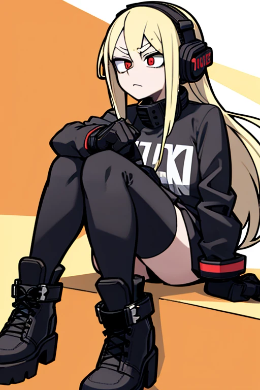 my hero academia girl long blonde hair big red eyes serious look black shirt with a skull headphones on black leather pants and long boots